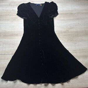 Polo Ralph Lauren Womens Black Viscose Silk velvet Puff-sleeve Midi Dress